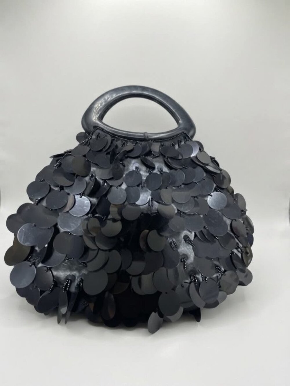 Vintage Black Sequin Beaded Handbag Circular Handle Evening Party Bag Retro Glam